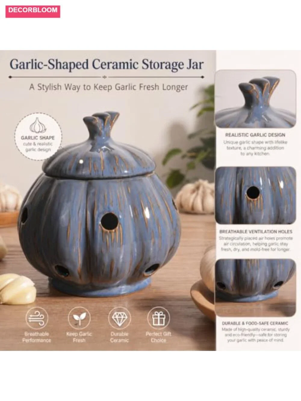 Ceramic Garlic Keeper Storage Jar with Lid, Large Kitchen Countertop Canister